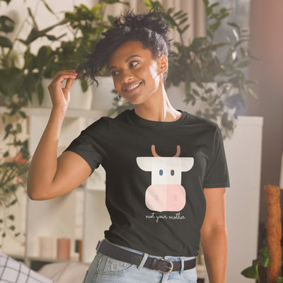 Bold Kawaii cow print with the words 'not your mother' in cursive script below it. T-shirt and sweatshirt prints designed specifically for vegans in mind! Vegan clothing, vegan sweatshirt, vegan t-shirt, vegan lounge wear