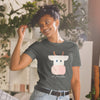 Bold Kawaii cow print with the words 'not your mother' in cursive script below it. Grey T-shirt. T-shirt and sweatshirt prints designed specifically for vegans in mind! Vegan clothing, vegan sweatshirt, vegan t-shirt, vegan lounge wear