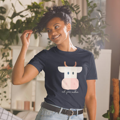 Bold Kawaii cow print with the words 'not your mother' in cursive script below it. Navy blue T-shirt. T-shirt and sweatshirt prints designed specifically for vegans in mind! Vegan clothing, vegan sweatshirt, vegan t-shirt, vegan lounge wear