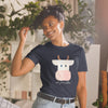 Bold Kawaii cow print with the words 'not your mother' in cursive script below it. Navy blue T-shirt. T-shirt and sweatshirt prints designed specifically for vegans in mind! Vegan clothing, vegan sweatshirt, vegan t-shirt, vegan lounge wear